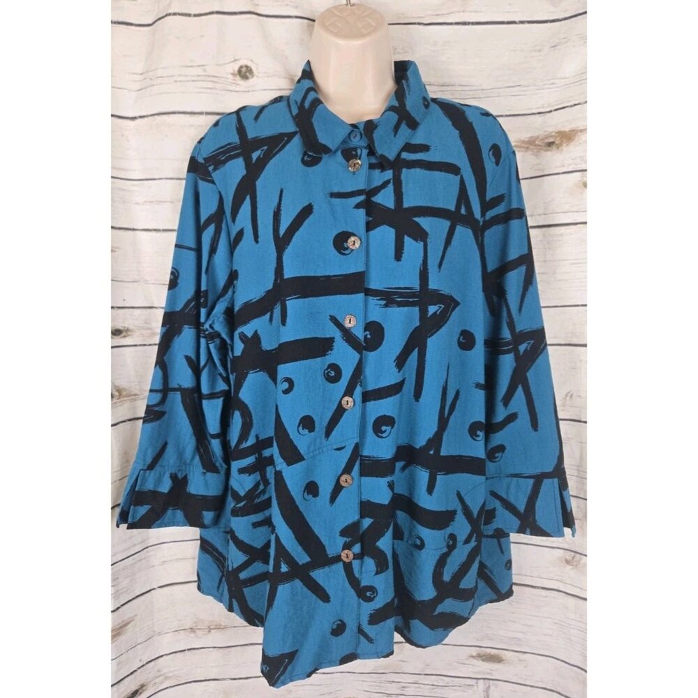 Ali Miles Teal Blue Print Top XL Womens Tunic Button Lagenlook Rayon
